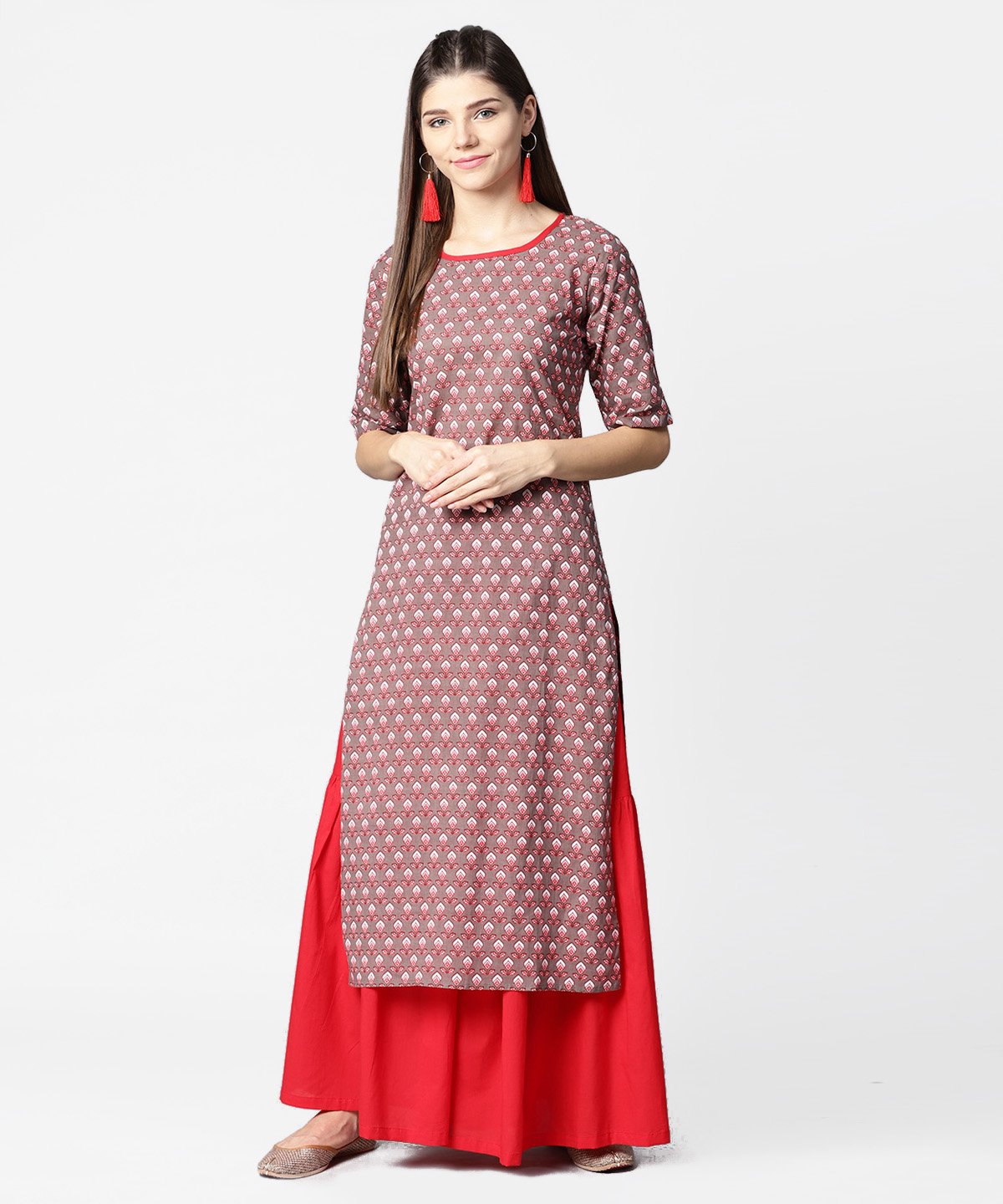 Brown Printed Half Sleeve Cotton Kurta With Maroon Solid Palazzo | LASVINI - Redefining Indian Fashion with Elegance