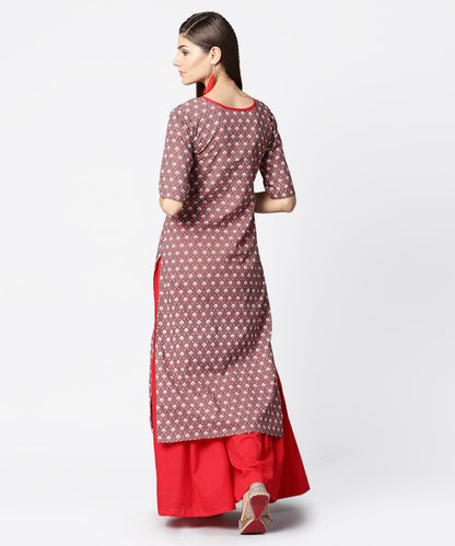 Brown Printed Half Sleeve Cotton Kurta With Maroon Solid Palazzo | LASVINI - Redefining Indian Fashion with Elegance