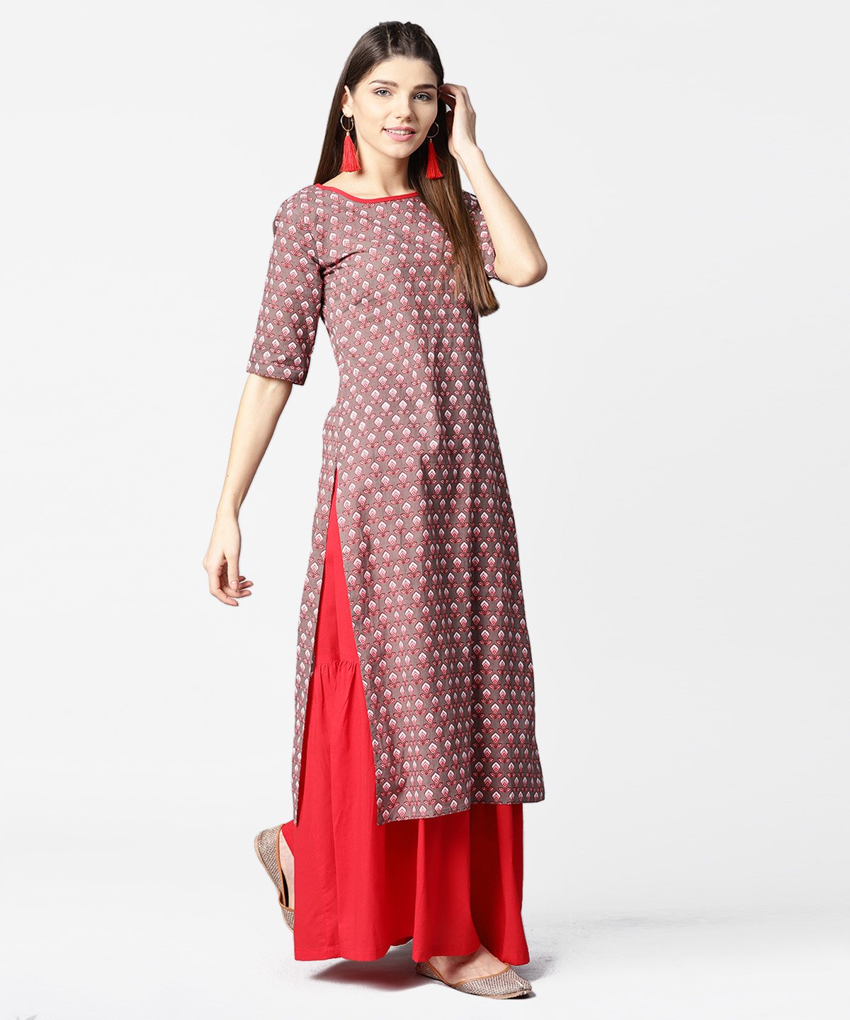 Brown Printed Half Sleeve Cotton Kurta With Maroon Solid Palazzo | LASVINI - Redefining Indian Fashion with Elegance