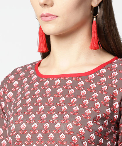 Brown Printed Half Sleeve Cotton Kurta With Maroon Solid Palazzo | LASVINI - Redefining Indian Fashion with Elegance