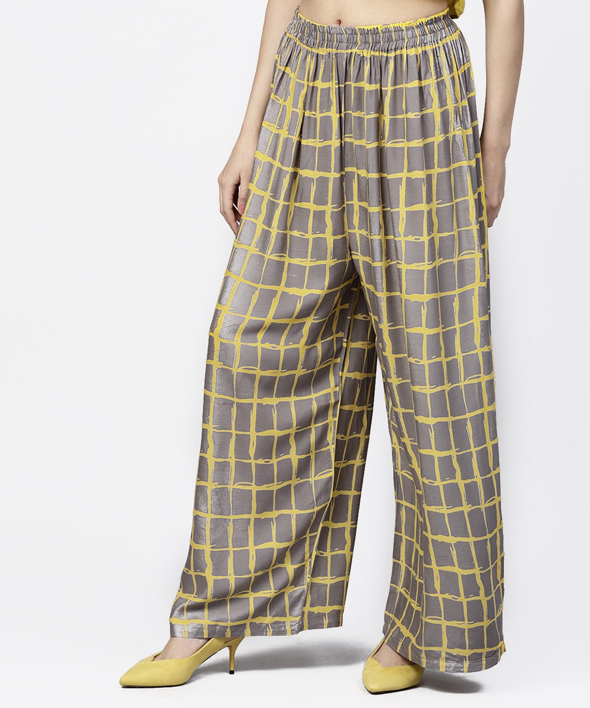 Grey & Yellow Checked Cotton Ankle Length Pallazo | LASVINI - Redefining Indian Fashion with Elegance