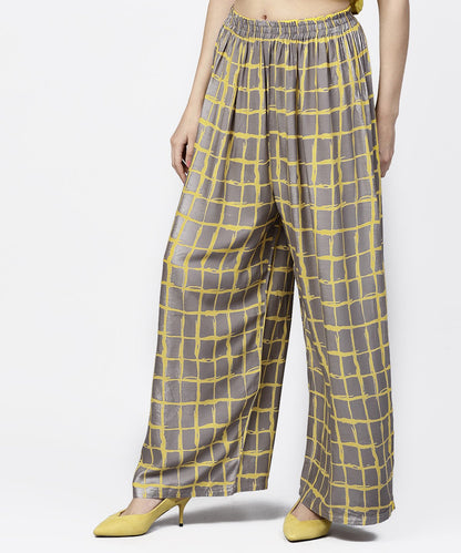 Grey & Yellow Checked Cotton Ankle Length Pallazo | LASVINI - Redefining Indian Fashion with Elegance