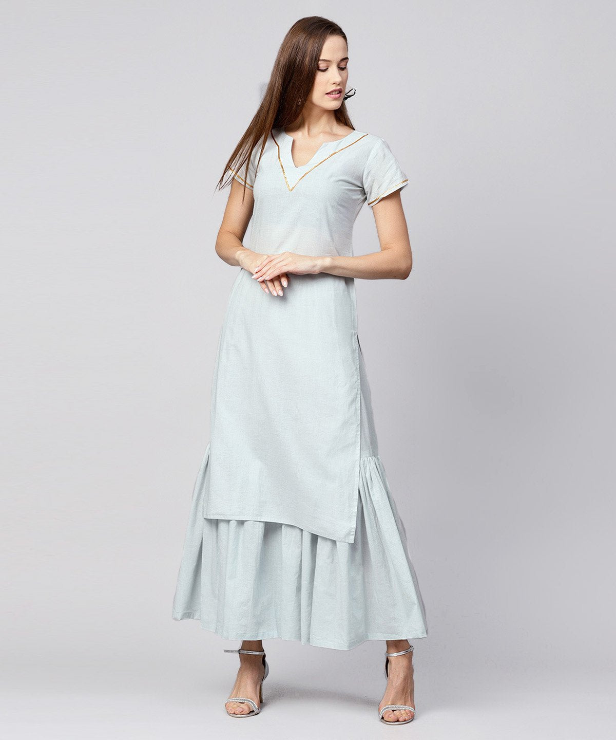 Grey Solid Cap Sleeve Cotton Kurta With Grey Sharara | LASVINI - Redefining Indian Fashion with Elegance