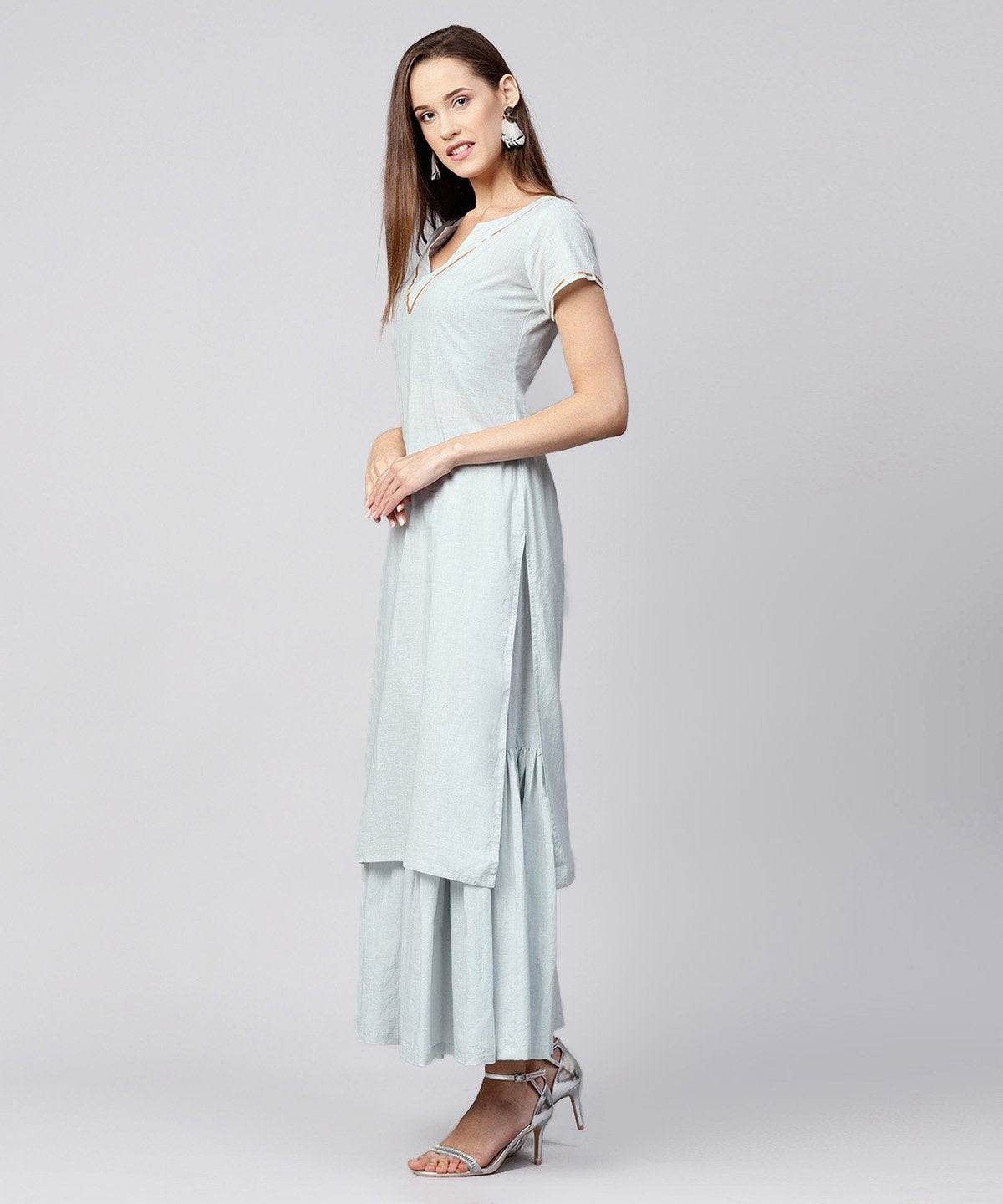 Grey Solid Cap Sleeve Cotton Kurta With Grey Sharara | LASVINI - Redefining Indian Fashion with Elegance