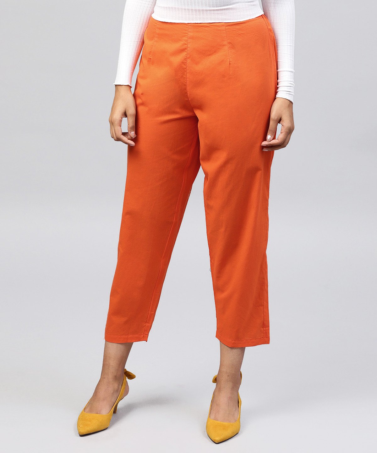 Solid Orange Ankle Length Cotton Regular Fit Trouser | LASVINI - Redefining Indian Fashion with Elegance