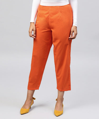 Solid Orange Ankle Length Cotton Regular Fit Trouser | LASVINI - Redefining Indian Fashion with Elegance