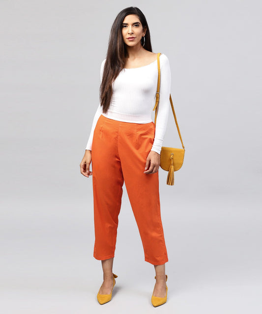 Solid Orange Ankle Length Cotton Regular Fit Trouser | LASVINI - Redefining Indian Fashion with Elegance