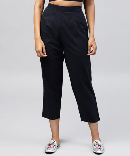 Navy Blue Ankle Length Cotton Regular Fit Trouser | LASVINI - Redefining Indian Fashion with Elegance