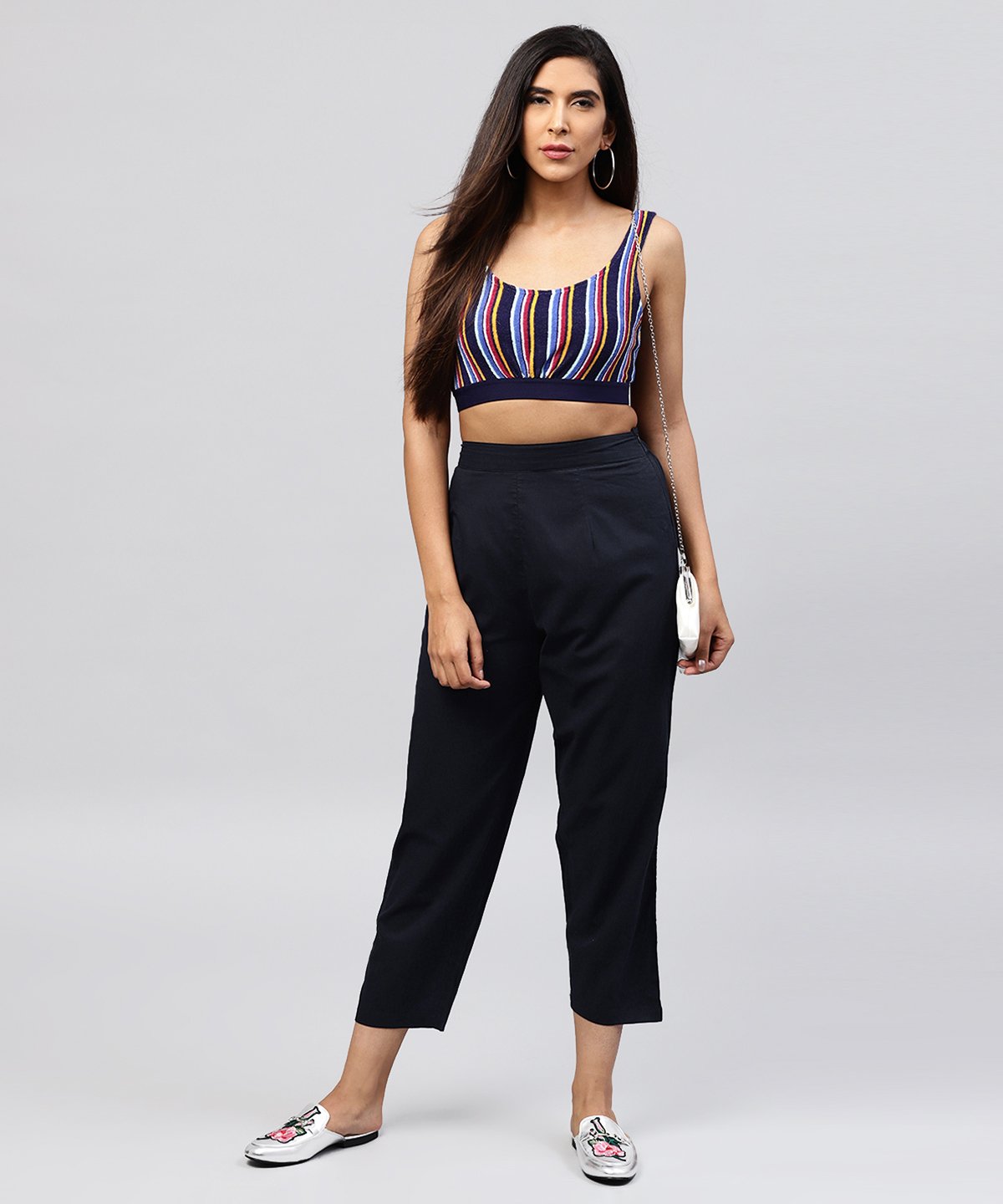 Navy Blue Ankle Length Cotton Regular Fit Trouser | LASVINI - Redefining Indian Fashion with Elegance