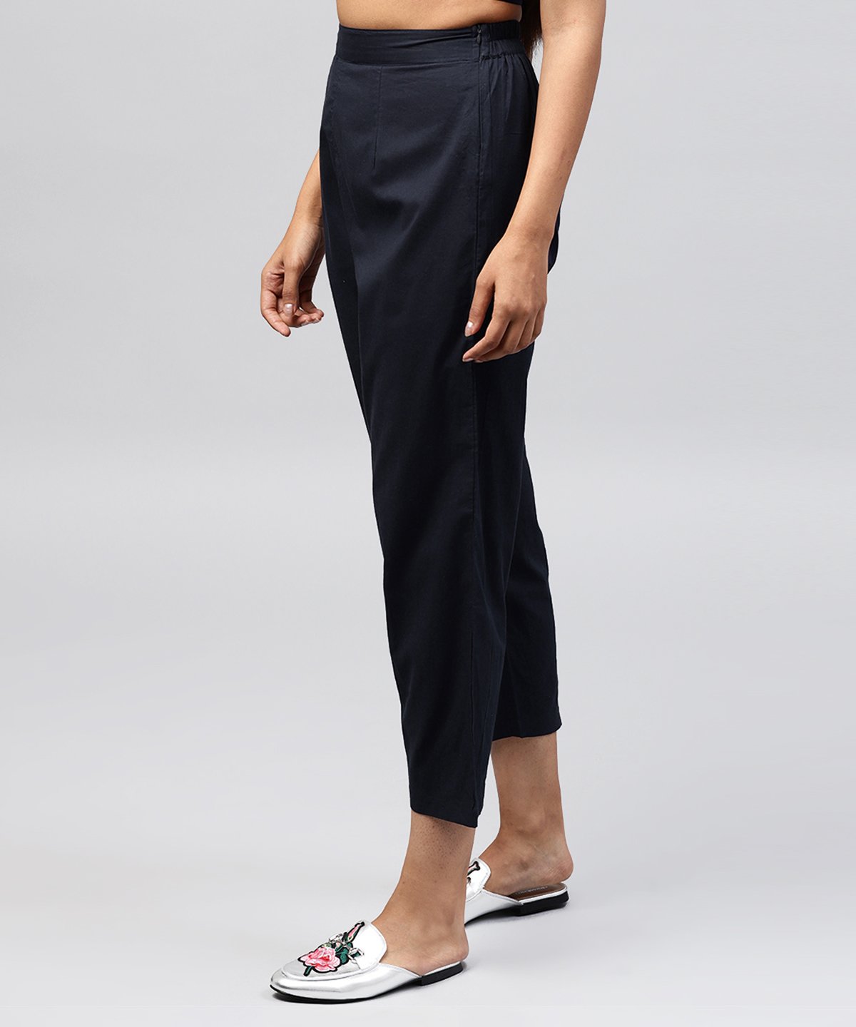 Navy Blue Ankle Length Cotton Regular Fit Trouser | LASVINI - Redefining Indian Fashion with Elegance