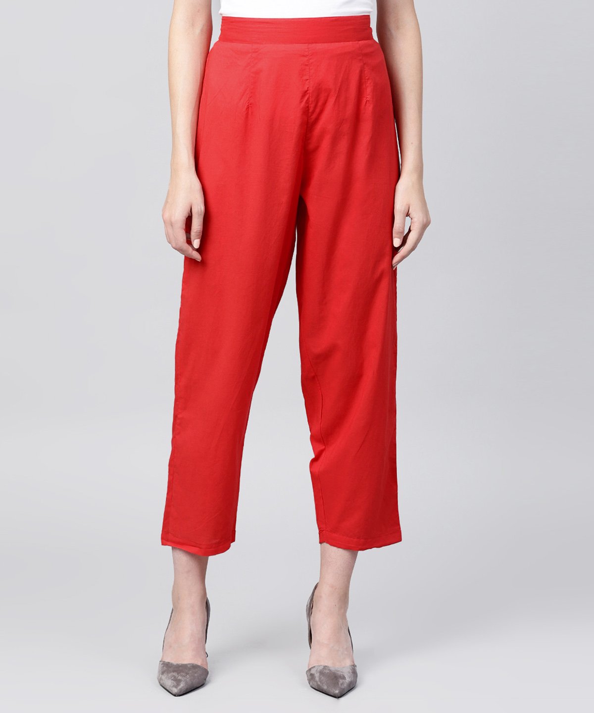 Solid Red Ankle Length Cotton Regular Fit Trouser | LASVINI - Redefining Indian Fashion with Elegance