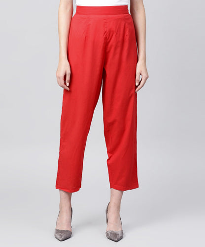 Solid Red Ankle Length Cotton Regular Fit Trouser | LASVINI - Redefining Indian Fashion with Elegance