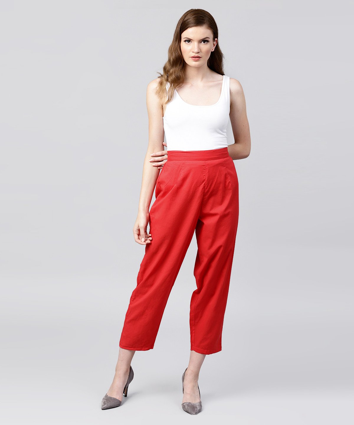 Solid Red Ankle Length Cotton Regular Fit Trouser | LASVINI - Redefining Indian Fashion with Elegance