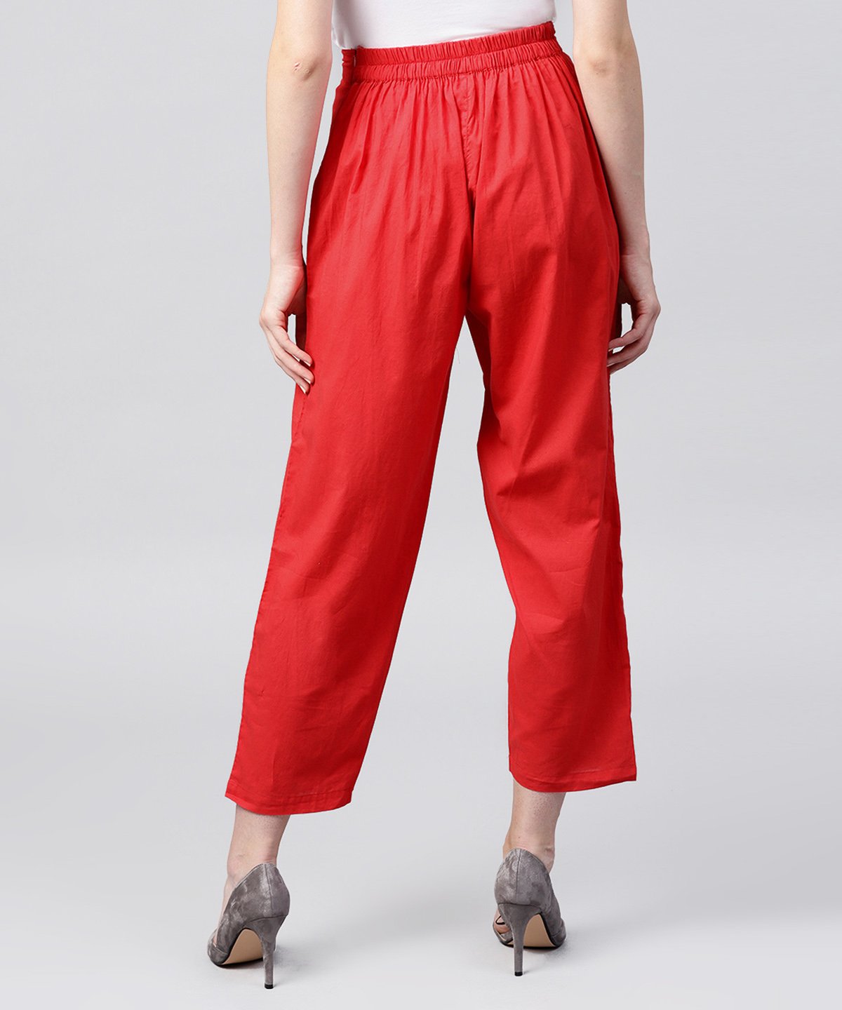 Solid Red Ankle Length Cotton Regular Fit Trouser | LASVINI - Redefining Indian Fashion with Elegance