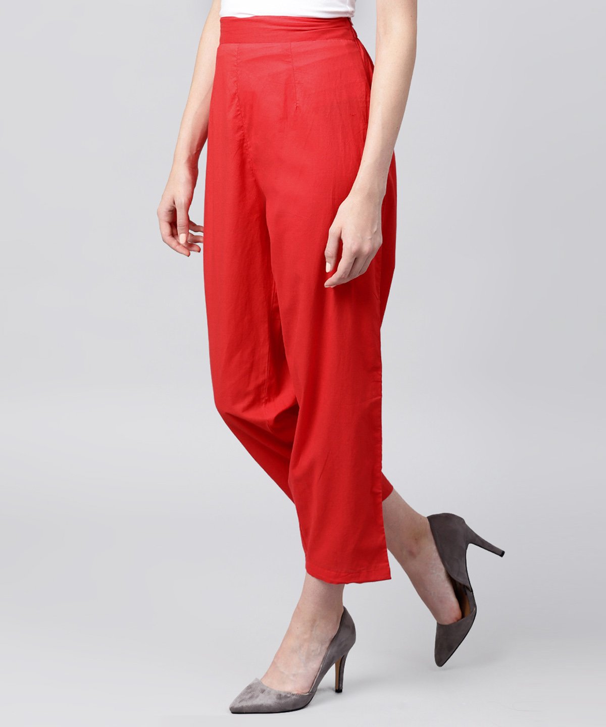 Solid Red Ankle Length Cotton Regular Fit Trouser | LASVINI - Redefining Indian Fashion with Elegance