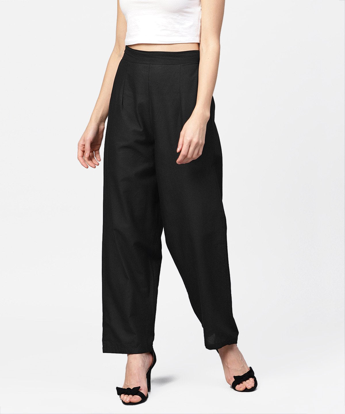 Solid Black Ankle Length Cotton Regular Fit Trouser | LASVINI - Redefining Indian Fashion with Elegance