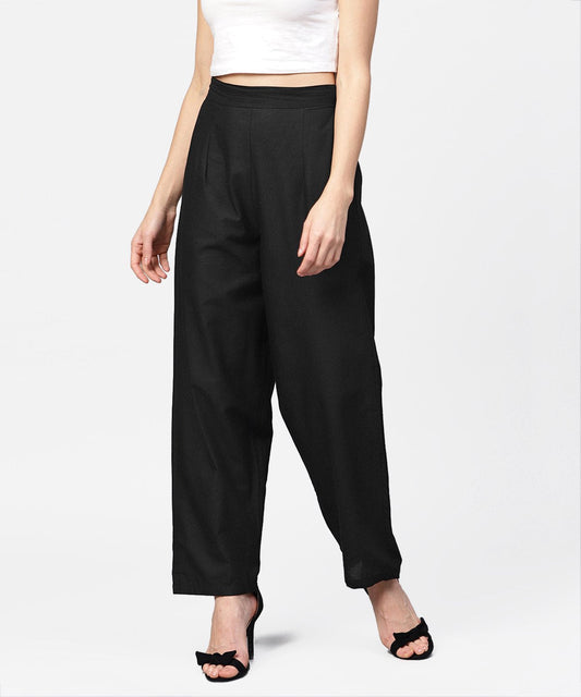Solid Black Ankle Length Cotton Regular Fit Trouser | LASVINI - Redefining Indian Fashion with Elegance
