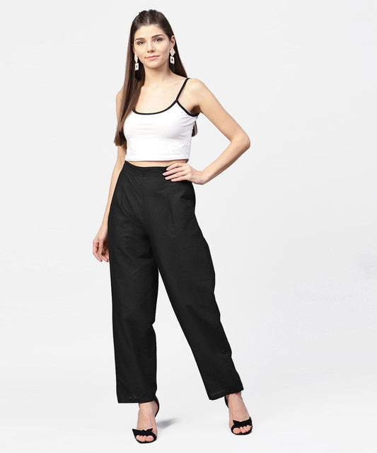 Solid Black Ankle Length Cotton Regular Fit Trouser | LASVINI - Redefining Indian Fashion with Elegance