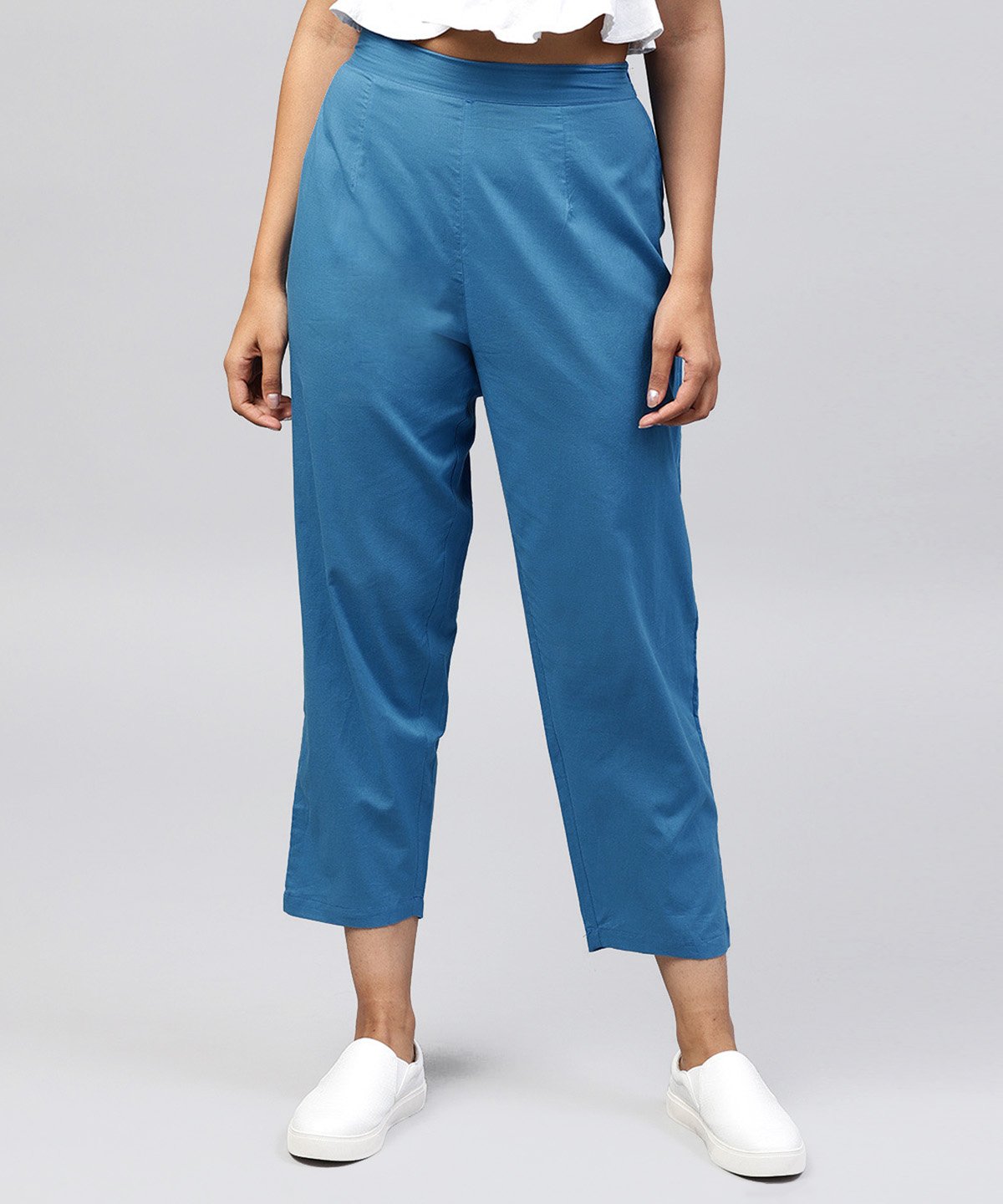 Solid Blue Ankle Length Cotton Regular Fit Trouser | LASVINI - Redefining Indian Fashion with Elegance