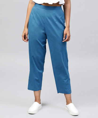 Solid Blue Ankle Length Cotton Regular Fit Trouser | LASVINI - Redefining Indian Fashion with Elegance