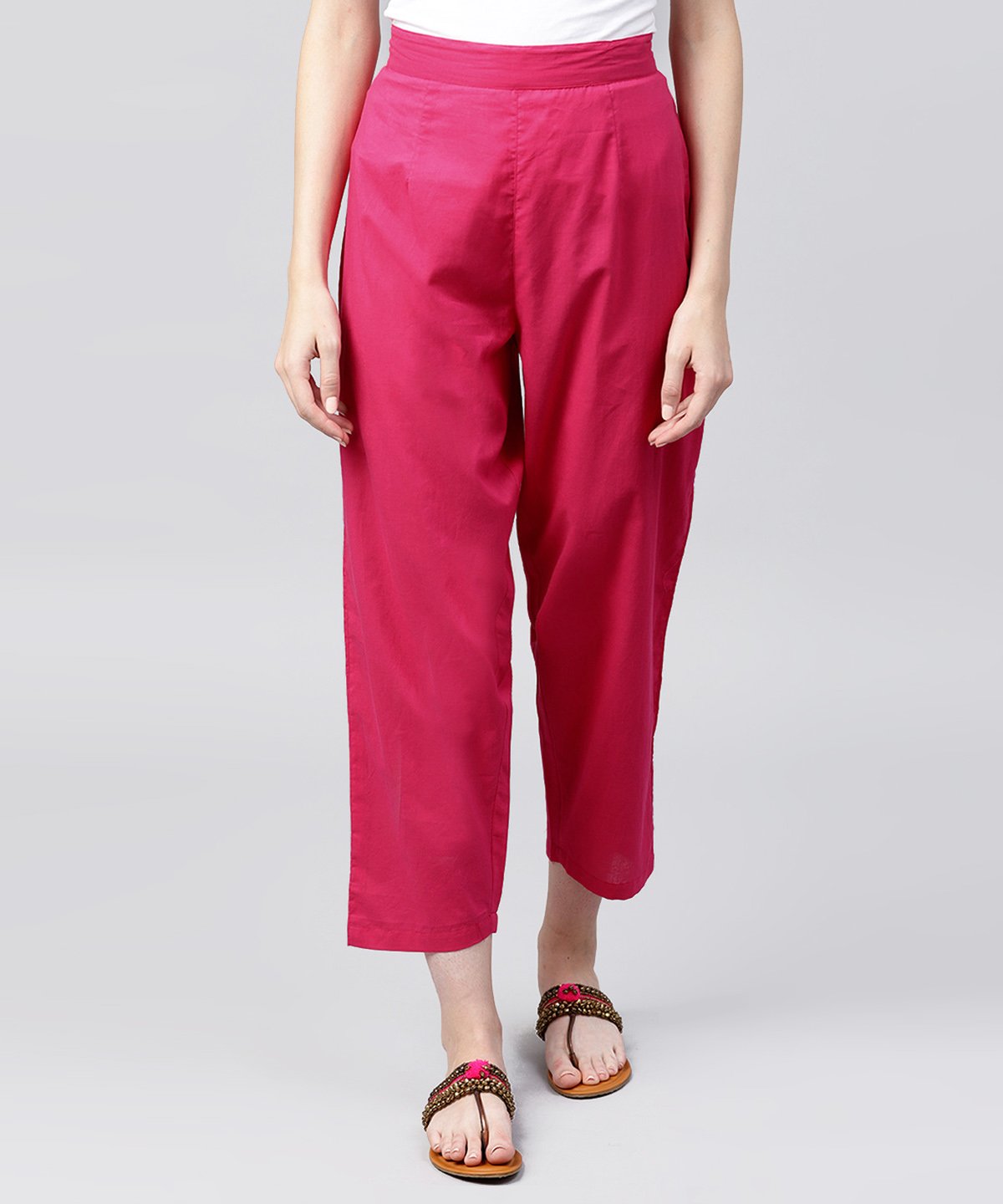 Solid Pink Ankle Length Cotton Regular Fit Trouser | LASVINI - Redefining Indian Fashion with Elegance
