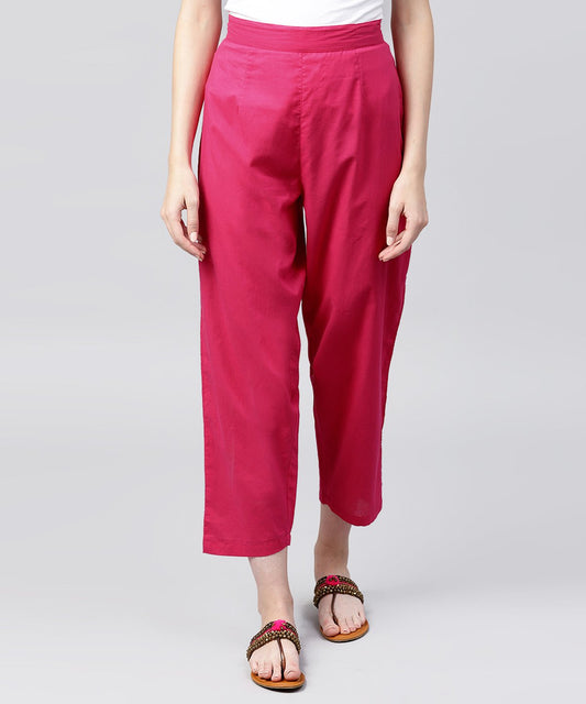 Solid Pink Ankle Length Cotton Regular Fit Trouser | LASVINI - Redefining Indian Fashion with Elegance