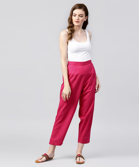 Solid Pink Ankle Length Cotton Regular Fit Trouser | LASVINI - Redefining Indian Fashion with Elegance