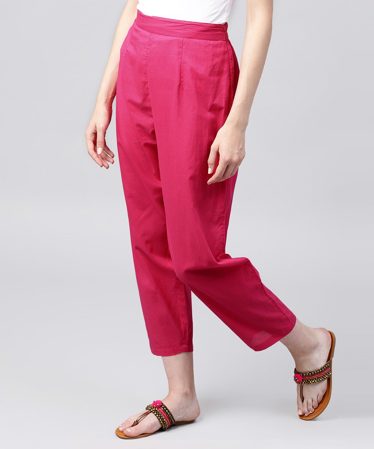 Solid Pink Ankle Length Cotton Regular Fit Trouser | LASVINI - Redefining Indian Fashion with Elegance
