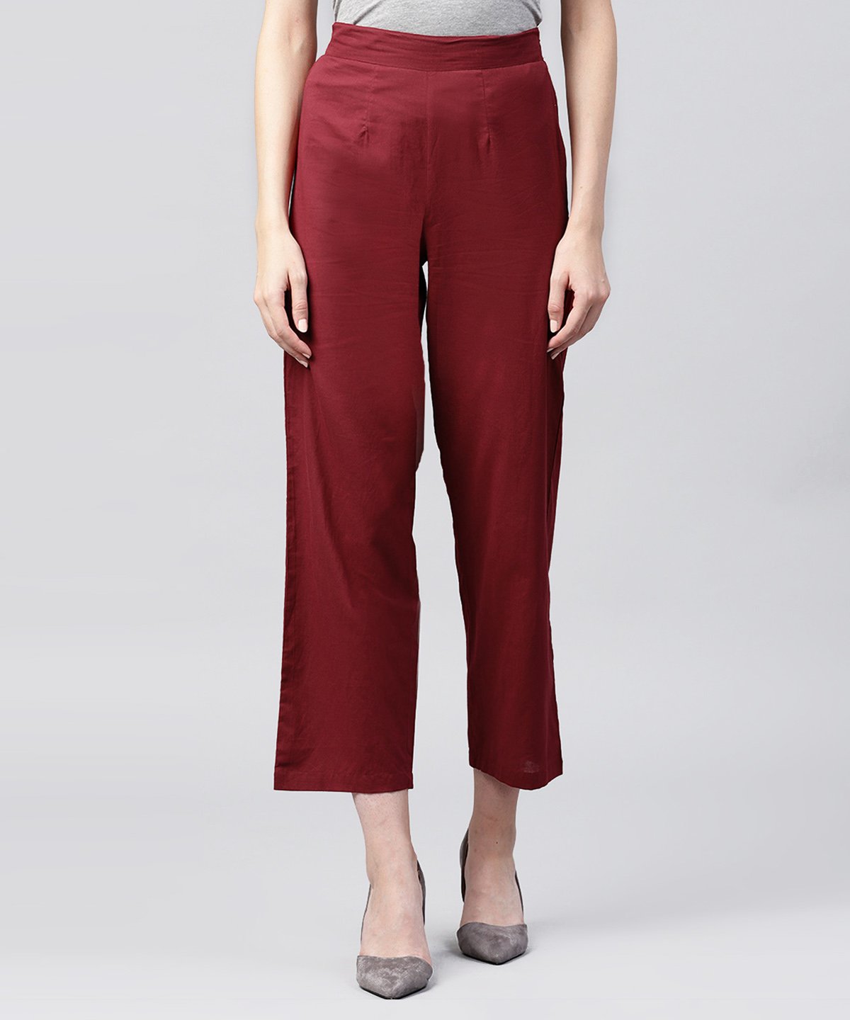Solid Maroon Ankle Length Cotton Regular Fit Trouser | LASVINI - Redefining Indian Fashion with Elegance