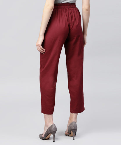 Solid Maroon Ankle Length Cotton Regular Fit Trouser | LASVINI - Redefining Indian Fashion with Elegance