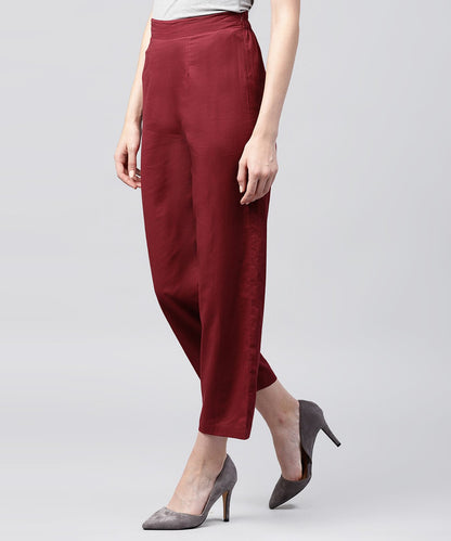 Solid Maroon Ankle Length Cotton Regular Fit Trouser | LASVINI - Redefining Indian Fashion with Elegance