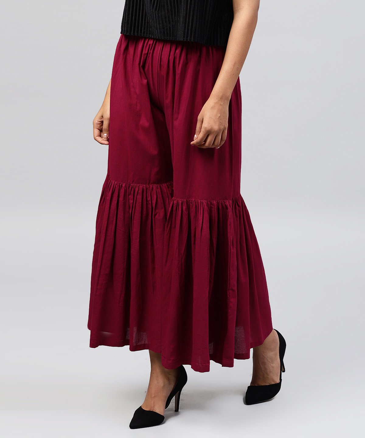 Solid Maroon Cotton Ankle Length Sharara | LASVINI - Redefining Indian Fashion with Elegance