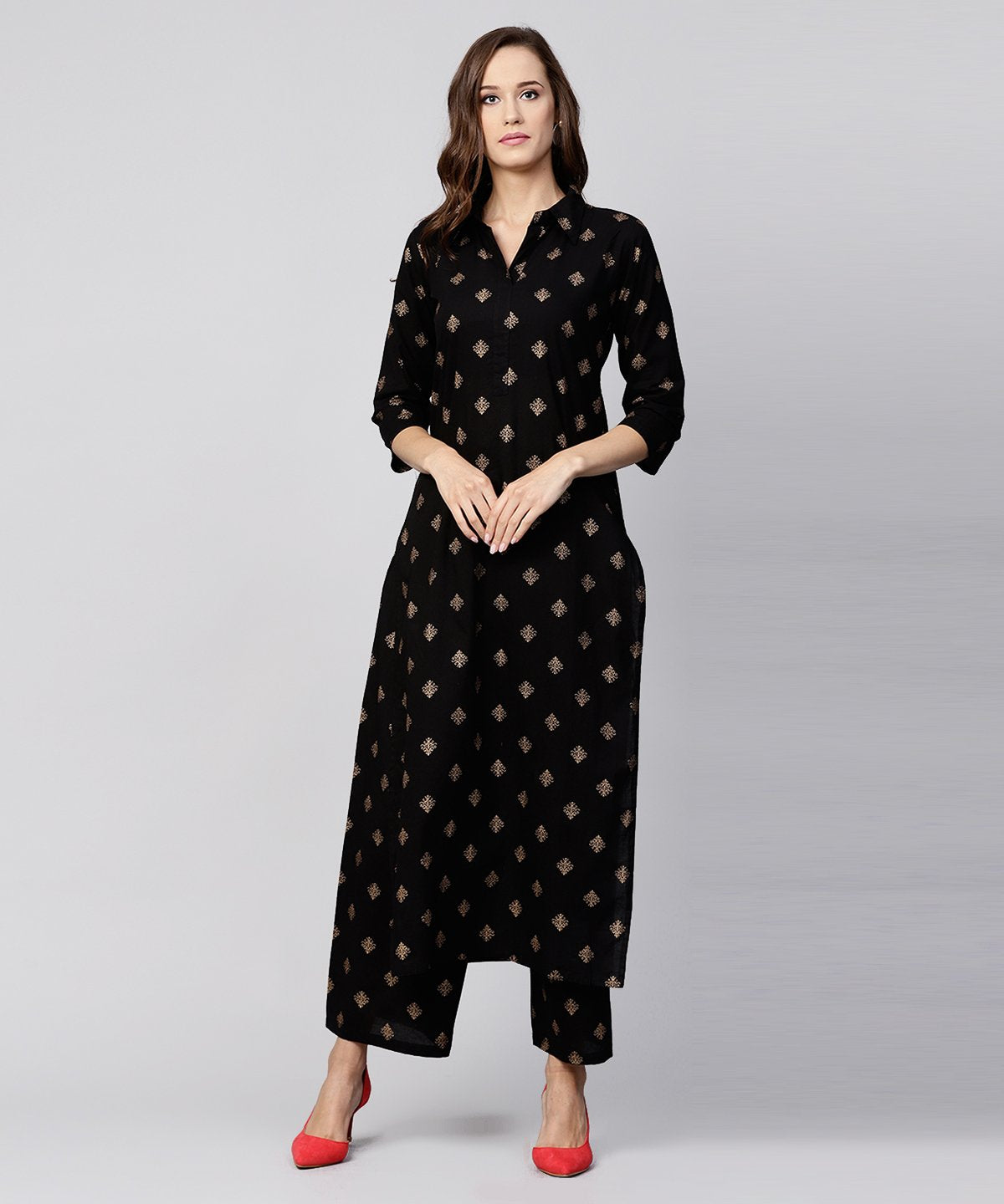 Black Printed 3/4Th Sleeve Cotton Kurta With Printed Pallazo | LASVINI - Redefining Indian Fashion with Elegance