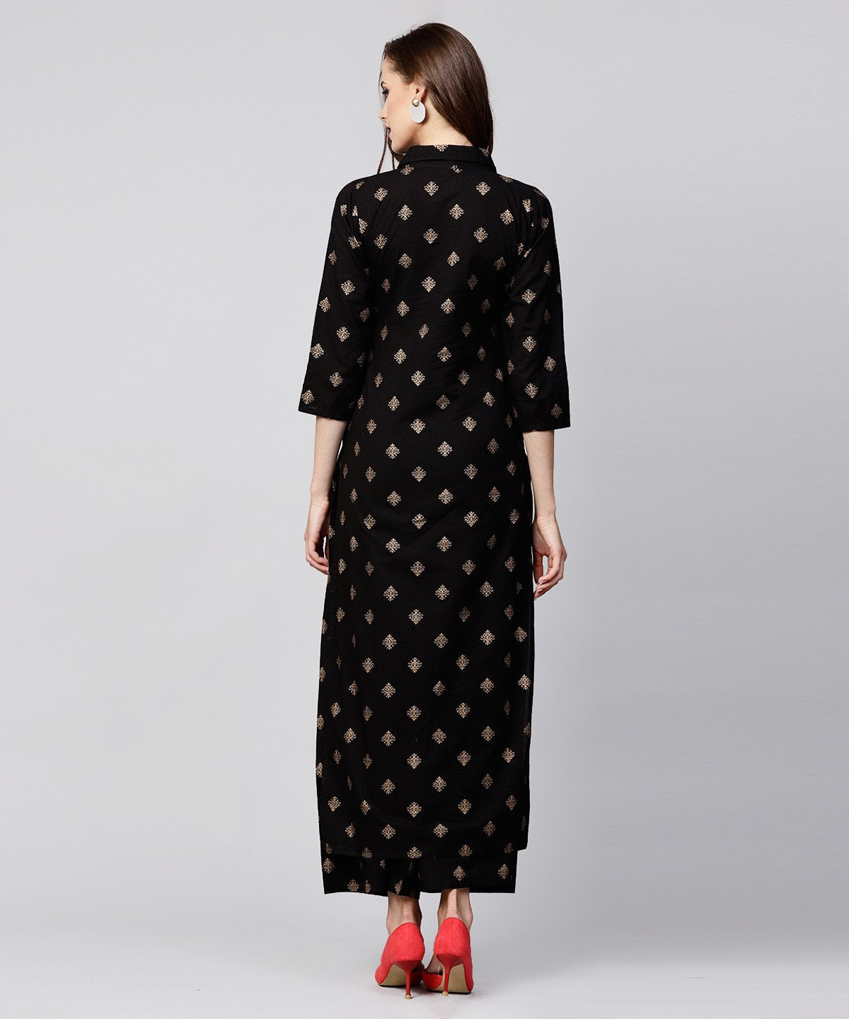 Black Printed 3/4Th Sleeve Cotton Kurta With Printed Pallazo | LASVINI - Redefining Indian Fashion with Elegance