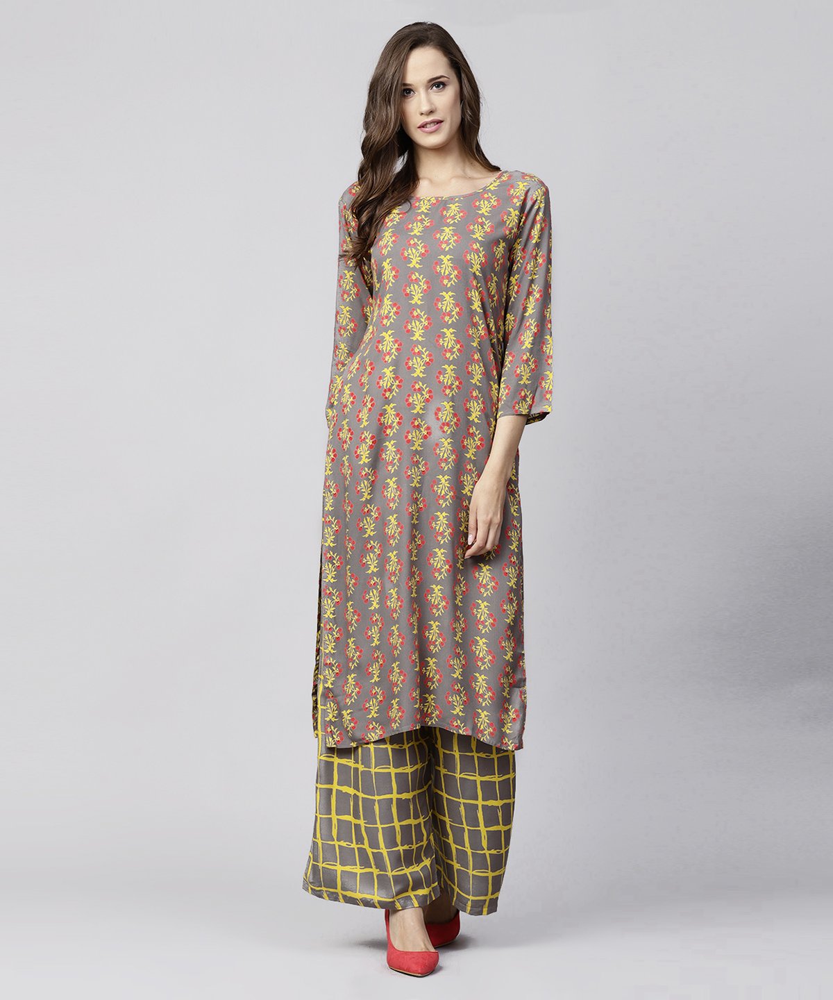 Grey Printed 3/4Th Sleeve Cotton Kurta With Grey Checked Pallazo | LASVINI - Redefining Indian Fashion with Elegance