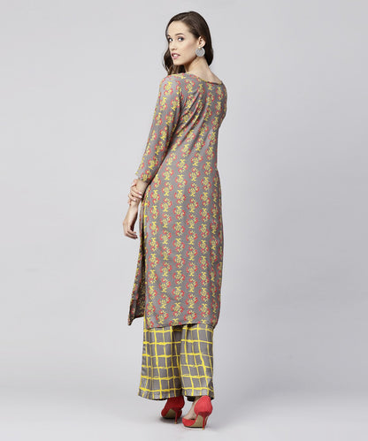 Grey Printed 3/4Th Sleeve Cotton Kurta With Grey Checked Pallazo | LASVINI - Redefining Indian Fashion with Elegance