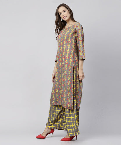 Grey Printed 3/4Th Sleeve Cotton Kurta With Grey Checked Pallazo | LASVINI - Redefining Indian Fashion with Elegance