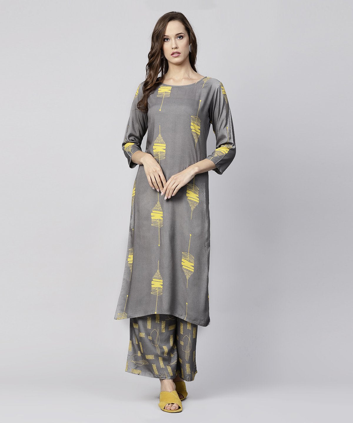 Grey Printed 3/4Th Sleeve Cotton Kurta With Grey Printed Pallazo | LASVINI - Redefining Indian Fashion with Elegance