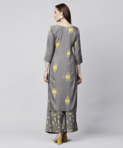 Grey Printed 3/4Th Sleeve Cotton Kurta With Grey Printed Pallazo | LASVINI - Redefining Indian Fashion with Elegance