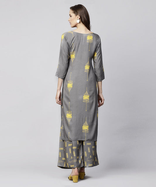 Grey Printed 3/4Th Sleeve Cotton Kurta With Grey Printed Pallazo | LASVINI - Redefining Indian Fashion with Elegance