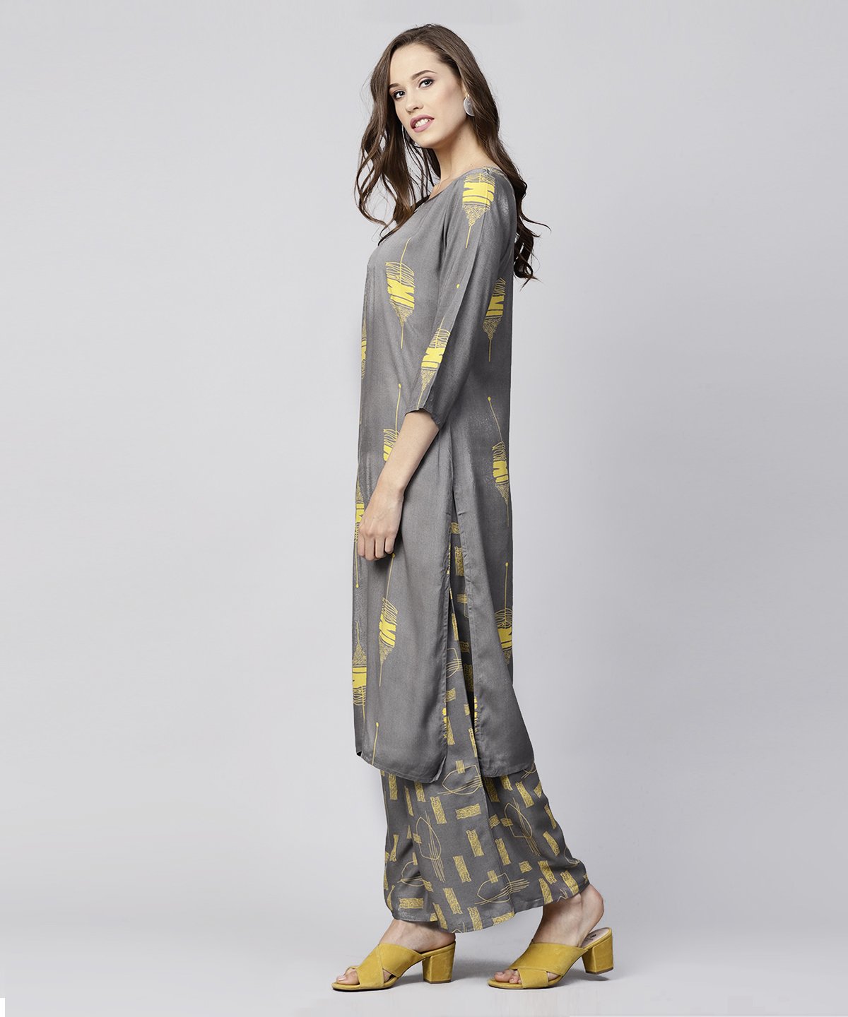 Grey Printed 3/4Th Sleeve Cotton Kurta With Grey Printed Pallazo | LASVINI - Redefining Indian Fashion with Elegance