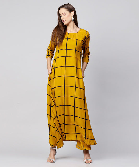 Yellow Checked 3/4Th Sleeve Cotton A-Line Kurta | LASVINI - Redefining Indian Fashion with Elegance