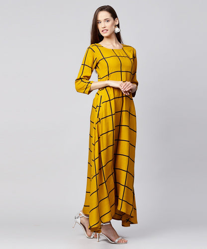 Yellow Checked 3/4Th Sleeve Cotton A-Line Kurta | LASVINI - Redefining Indian Fashion with Elegance