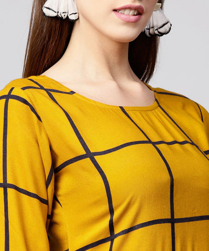Yellow Checked 3/4Th Sleeve Cotton A-Line Kurta | LASVINI - Redefining Indian Fashion with Elegance