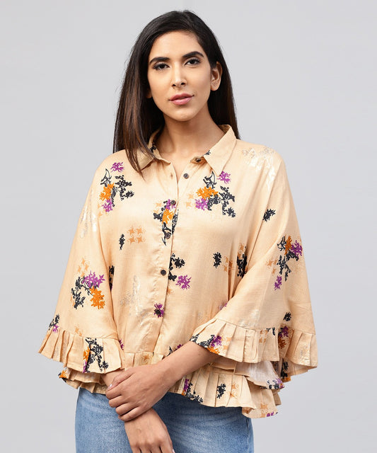 Yellow Front Open Banglori Printed Poncho Tops | LASVINI - Redefining Indian Fashion with Elegance