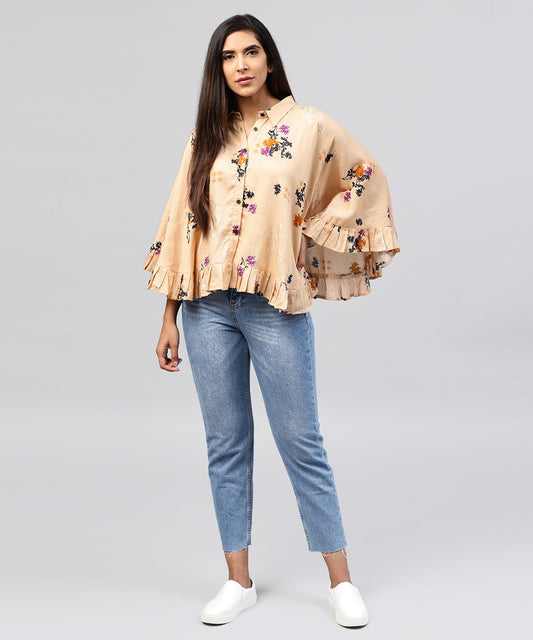 Yellow Front Open Banglori Printed Poncho Tops | LASVINI - Redefining Indian Fashion with Elegance