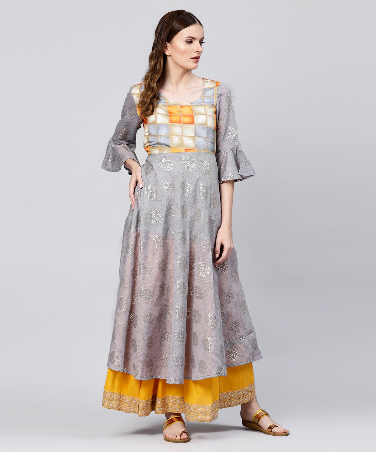 Grey Banglori Printed 3/4Th Sleeve Cotton Anarkali Kurta | LASVINI - Redefining Indian Fashion with Elegance