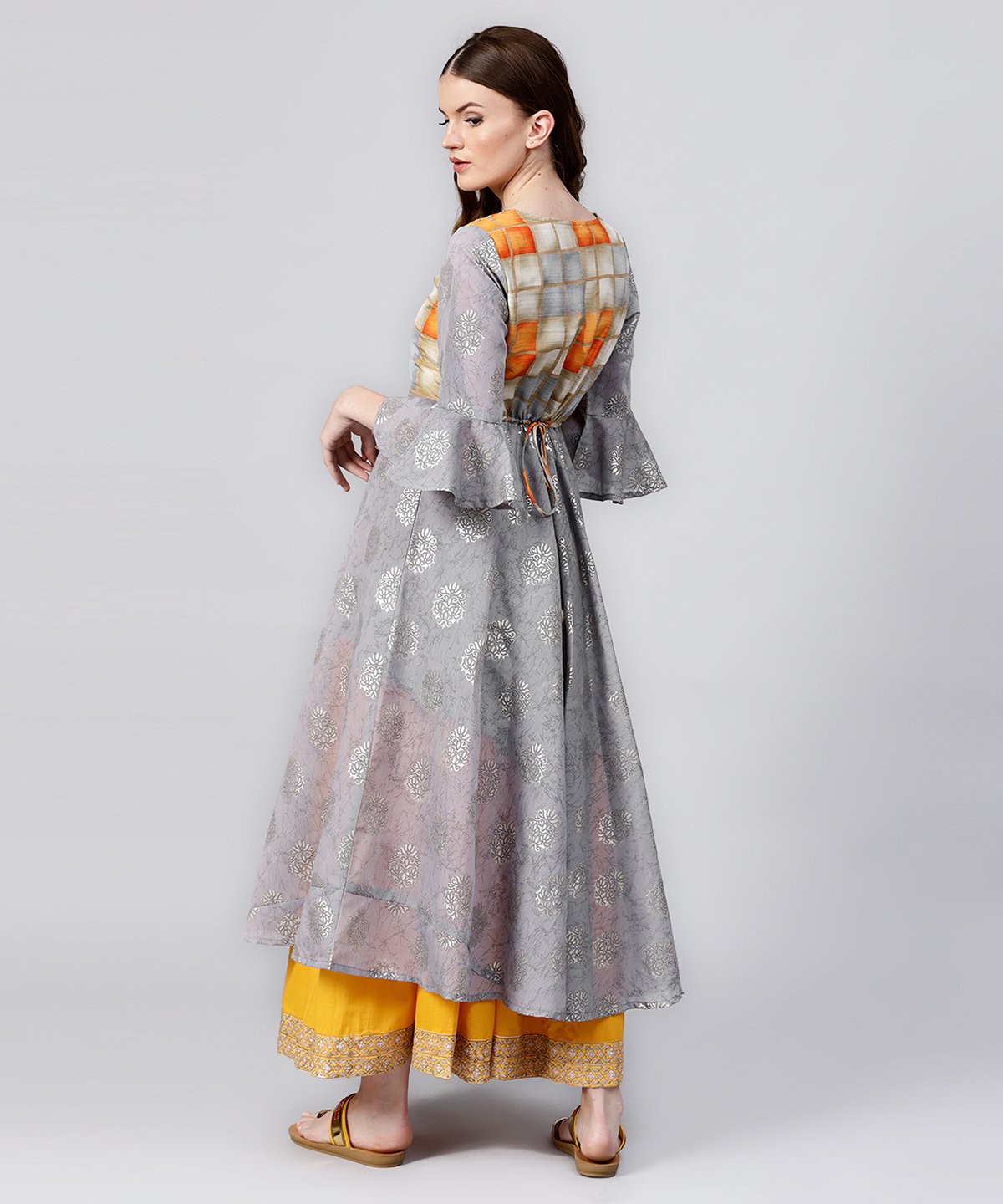 Grey Banglori Printed 3/4Th Sleeve Cotton Anarkali Kurta | LASVINI - Redefining Indian Fashion with Elegance