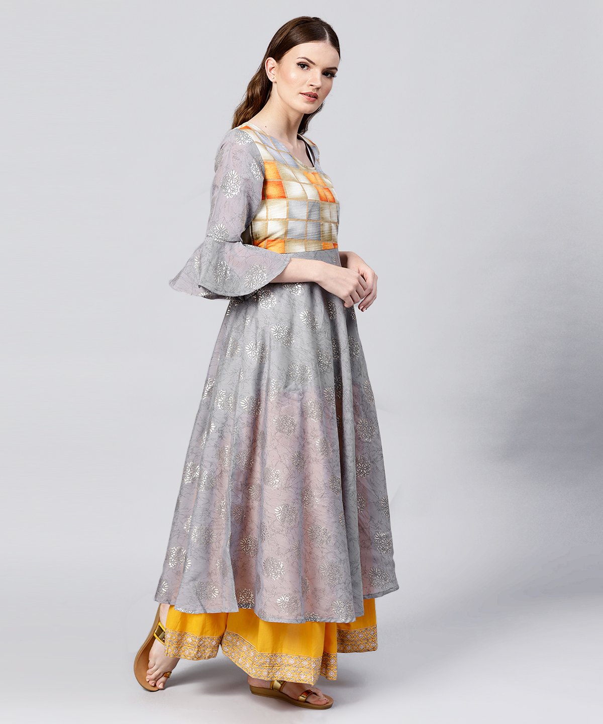 Grey Banglori Printed 3/4Th Sleeve Cotton Anarkali Kurta | LASVINI - Redefining Indian Fashion with Elegance