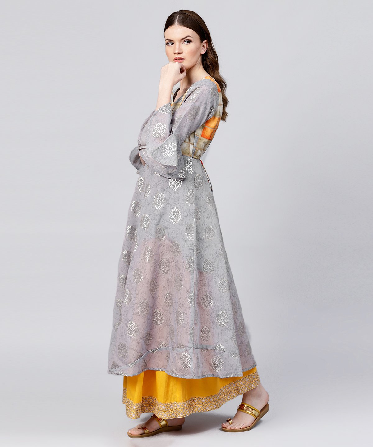 Grey Banglori Printed 3/4Th Sleeve Cotton Anarkali Kurta | LASVINI - Redefining Indian Fashion with Elegance